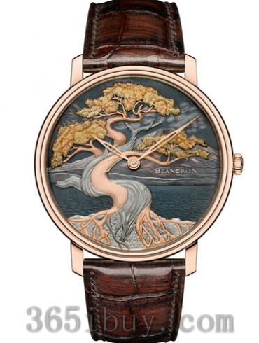 寶珀男表Villeret系列鱷魚(yú)皮/18K紅金絲嵌花鈦金屬表盤(pán)6615-3616-55B