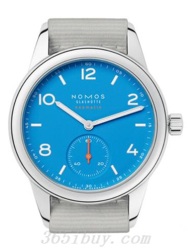 NOMOS男表Club系列淺灰色織物表帶，防水/藍色表盤(pán)742