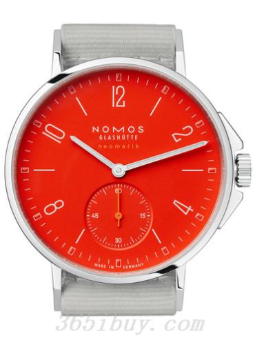 NOMOS男表AHOI系列淺灰色織物表帶，防水/紅色表盤(pán)563