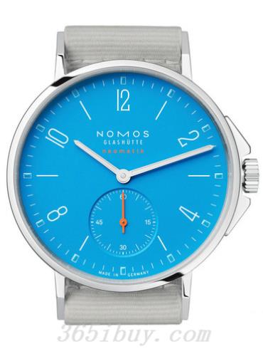 NOMOS男表AHOI系列淺灰色織物表帶，防水/藍色表盤(pán)562