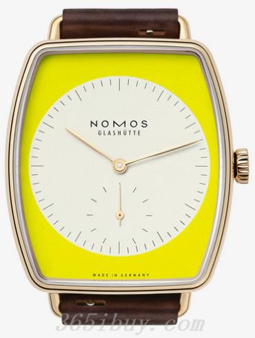 NOMOS男表LUX系列深棕色霍爾文高級科爾多瓦馬皮，包邊處理，帶襯墊/黃色表盤(pán)941